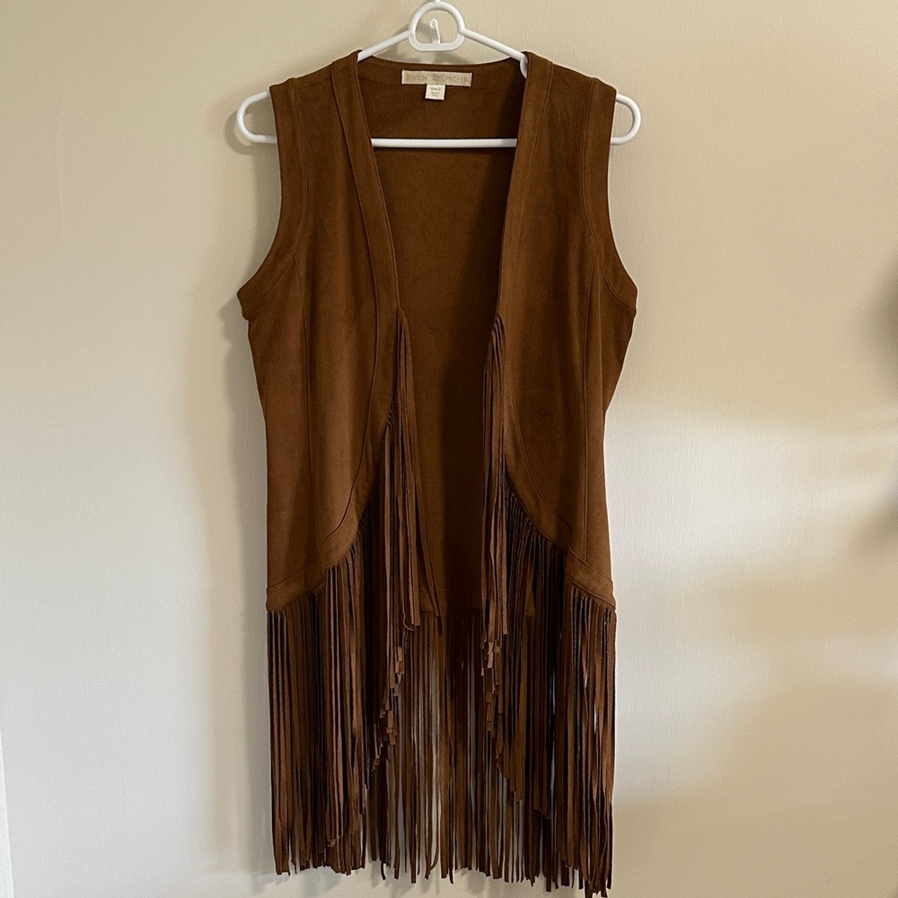 Boston Proper Cognac Faux Suede Fringe Sleeveless Vest